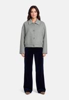 Frau trägt hellgrauen Cropped-Jacken-Pullover mit Knöpfen und dunkle, weite Hosen.